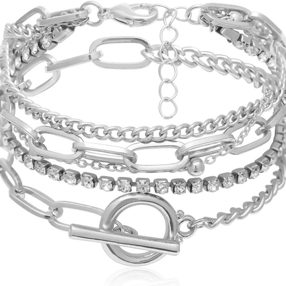 Layered Chunky Chain Lock Pendant Bracelets Statement Bohemian Adjustable Toggle